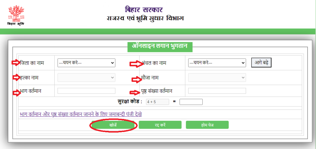 Options on Bihar Bhu Lagan portal